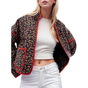 〽️Women's Black Weyeysyt Cropped Quilted Puffer Print Lightweight Jacket